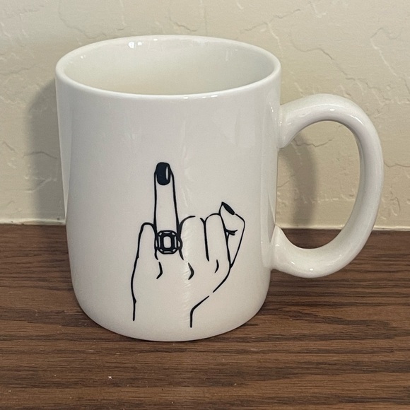 Other - White Ceramic Mug with Black Ring Finger Design